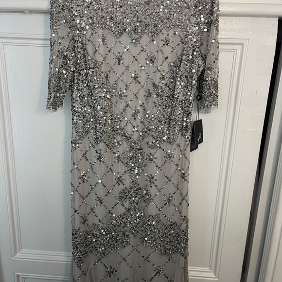 Adrian Papell Fully Beaded Godet Gown with Sheer Sleeves - Picture 4 of 11